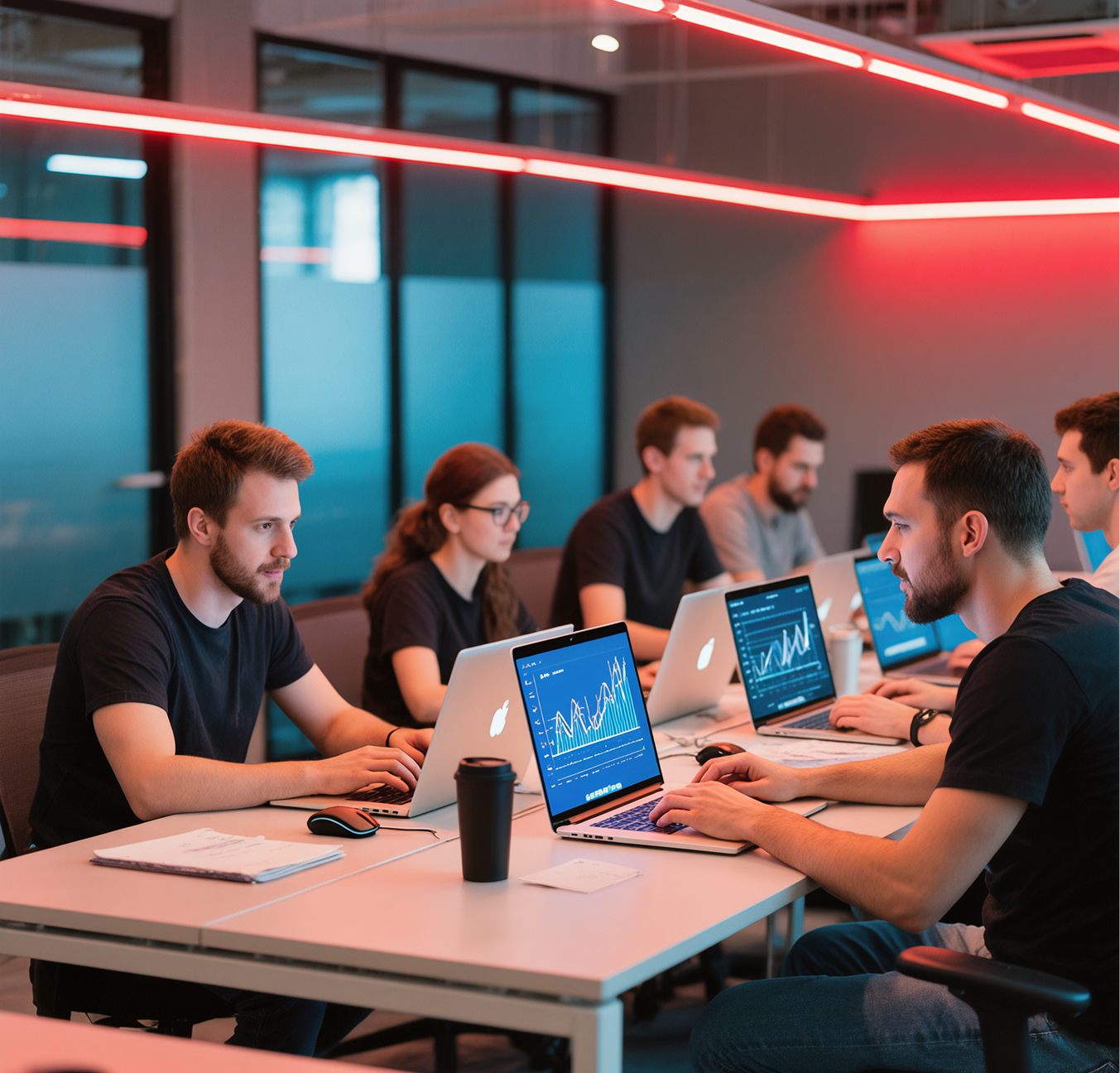 Uma equipe de profissionais trabalhando em laptops em um escritório moderno, simbolizando colaboração e crescimento.